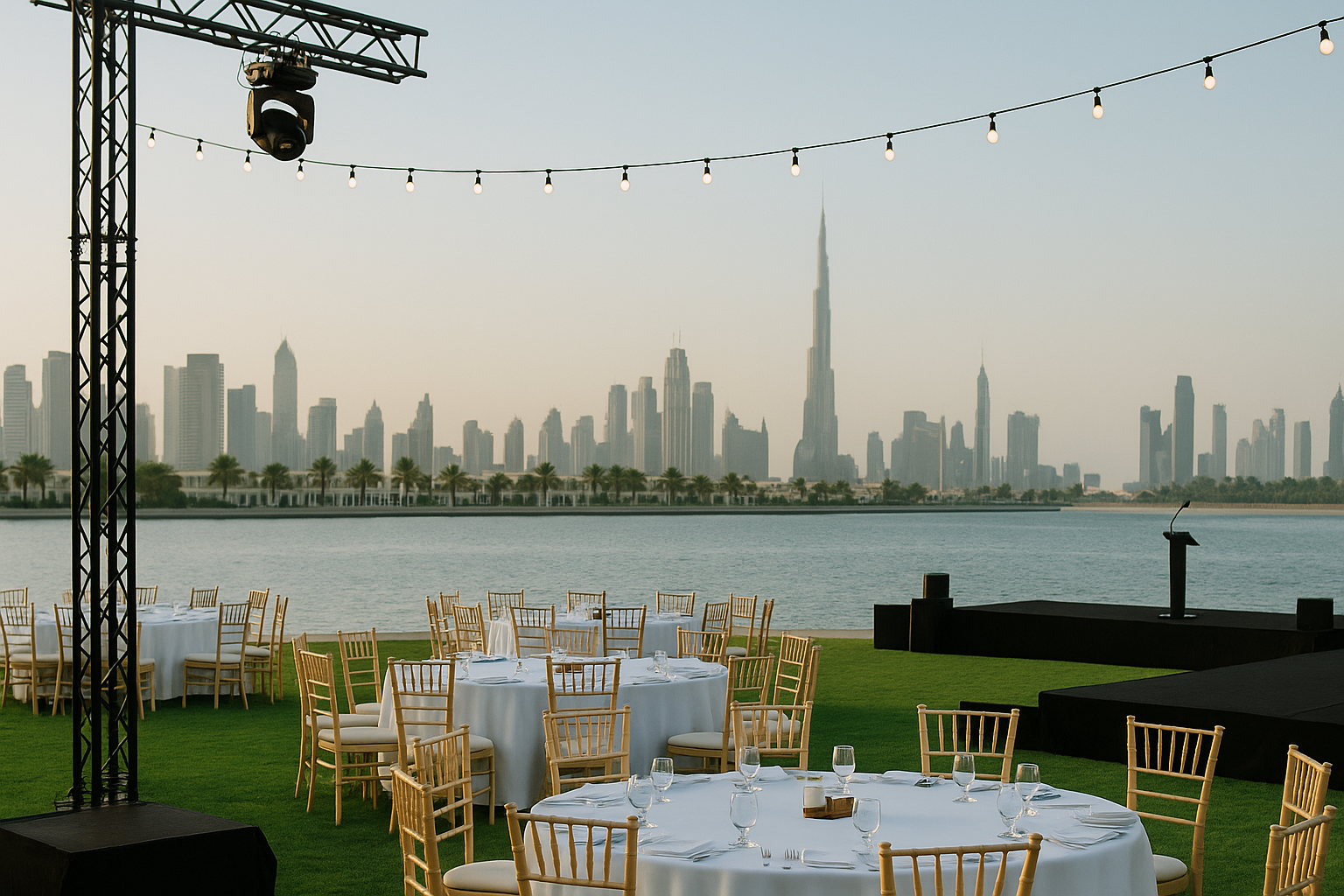 Elegant outdoor event setup in Dubai with waterfront view and Burj Khalifa in the background
