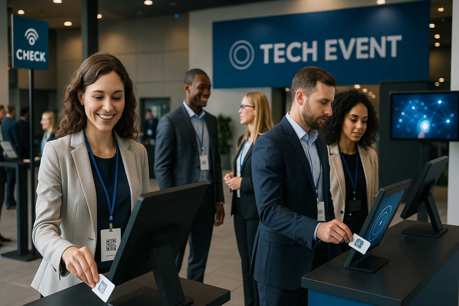 Attendees using smart badges at a modern tech event check-in kiosk